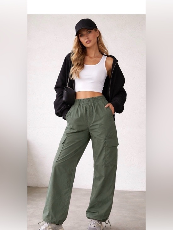 Wilo The Label Pants - WILO the Label Pine Green Parachute Cargo Jogger Pants Adjustable Hems Sz Medium